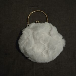 White Faux Fur Bunny Ear Mini Purse | Novelty Clutch Crossbody Bag | Gold Chain